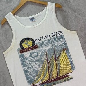 Printees Men's Daytona Beach Sailing America Graphic Tank Top White Size Large
